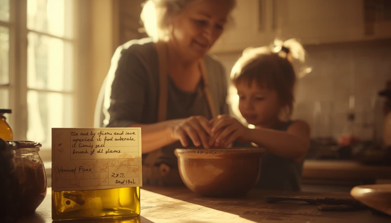 A grandmother and child baking together in a sunlit kitchen